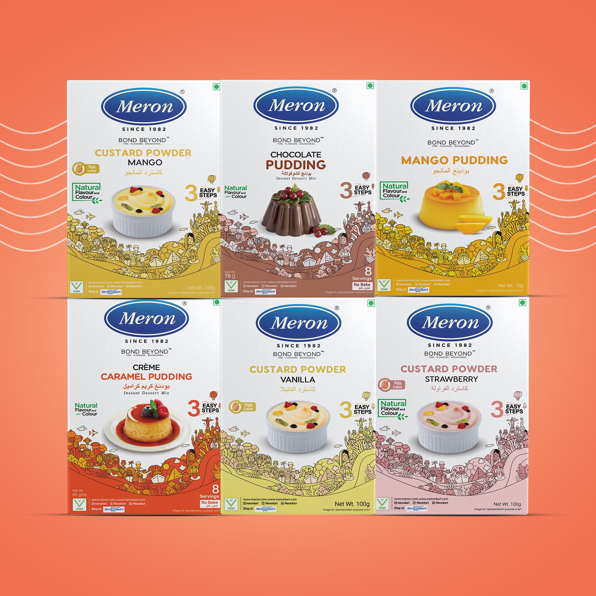 Pack of 6 | Caramel Pudding | Chocolate Pudding | Mango Pudding | Strawberry Custard | Mango Custard | Vanilla Custard| Vegan