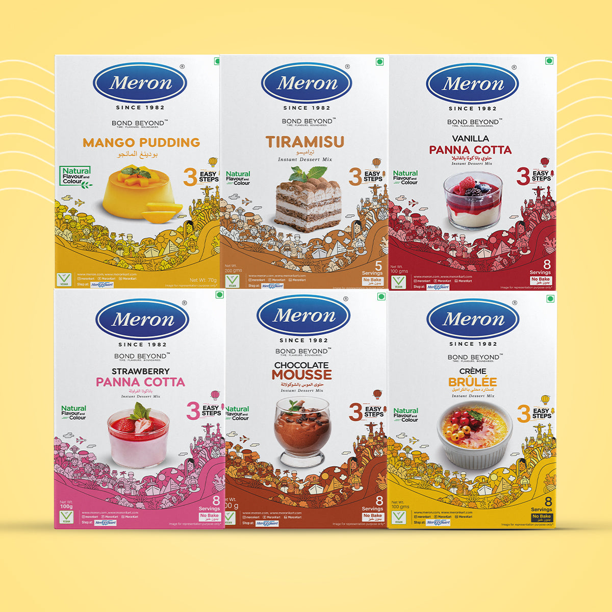 Pack of 6 | Vanilla Panna Cotta | Strawberry Panna Cotta | | Chocolate Mousse | Crème Brulee | Tiramisu | Mango Pudding | Vegan