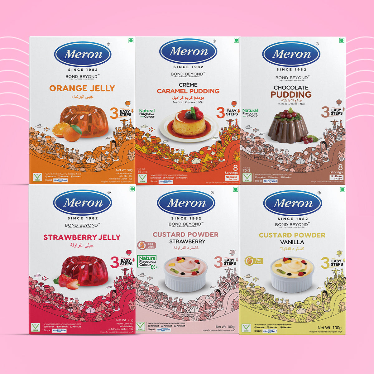 Pack of 6| Vanilla Custard | Strawberry Jelly |Orange Jelly| Strawberry Custard | Chocolate Pudding | Caramel Pudding | Vegan