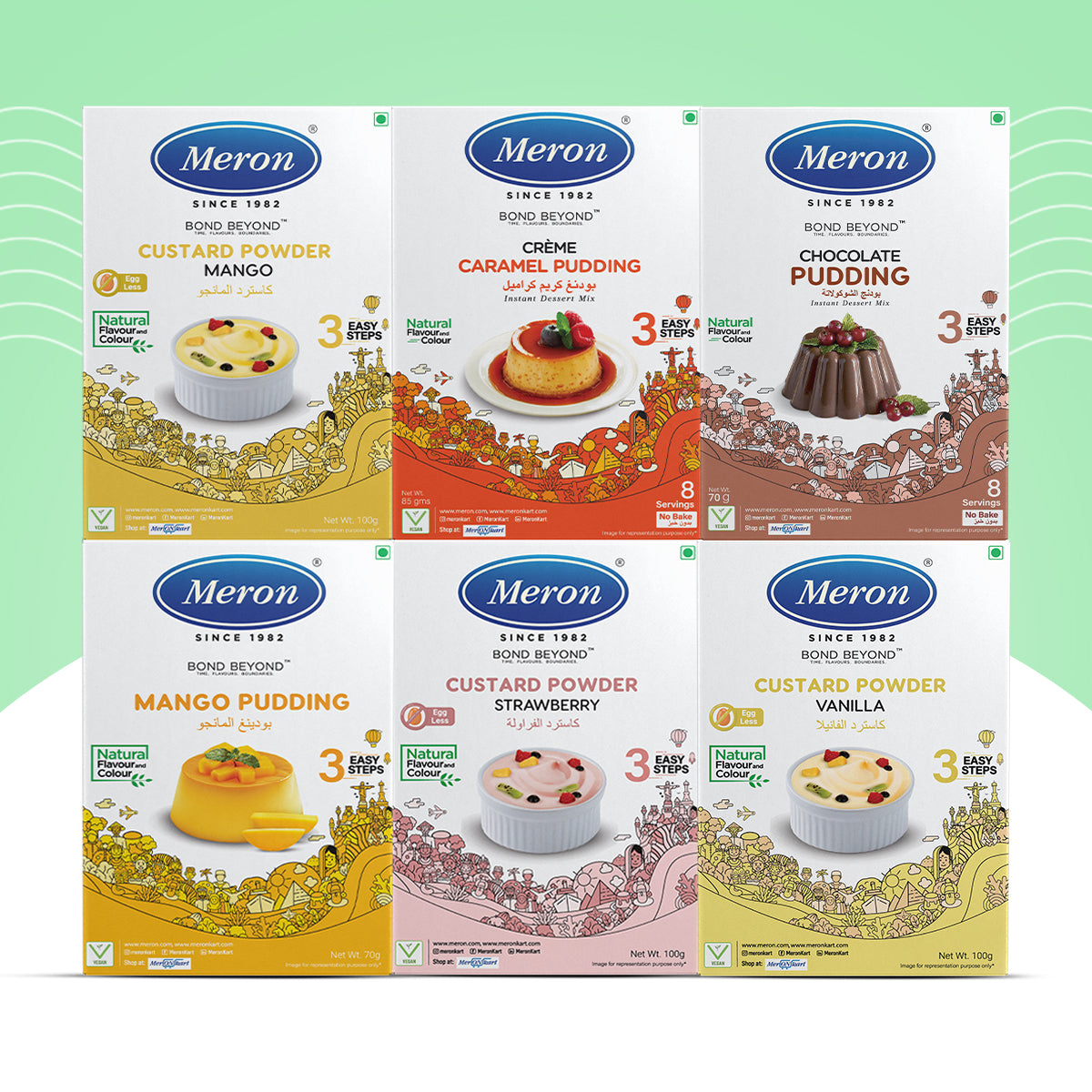 Pack of 6 | Caramel Pudding | Chocolate Pudding | Mango Pudding | Strawberry Custard | Mango Custard | Vanilla Custard| Vegan