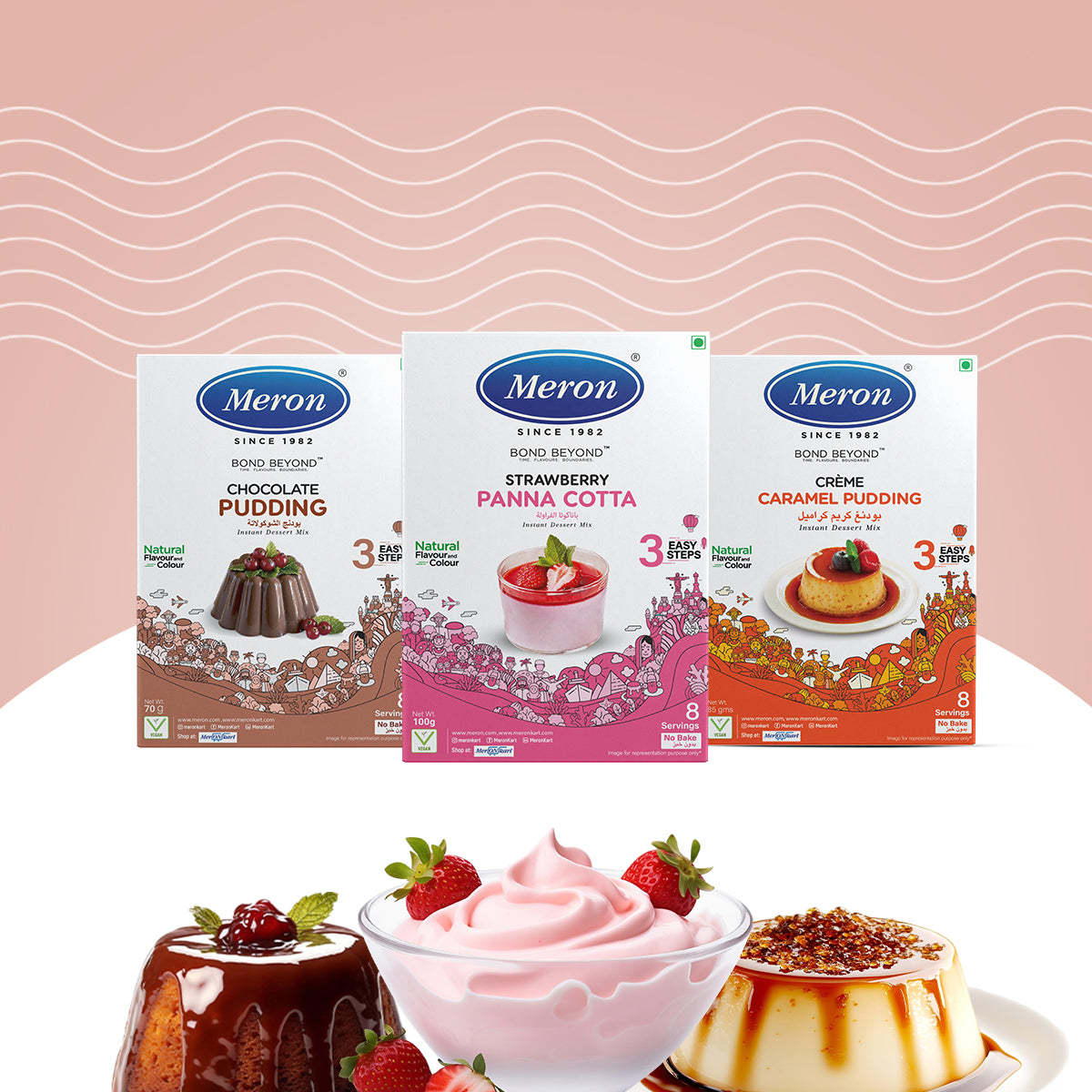 Meron’s Instant Dessert Mix Combos | Strawberry Panna Cotta | Caramel Pudding| Chocolate Pudding | Natural Flavour & Colour | Preservative-Free | Vegan