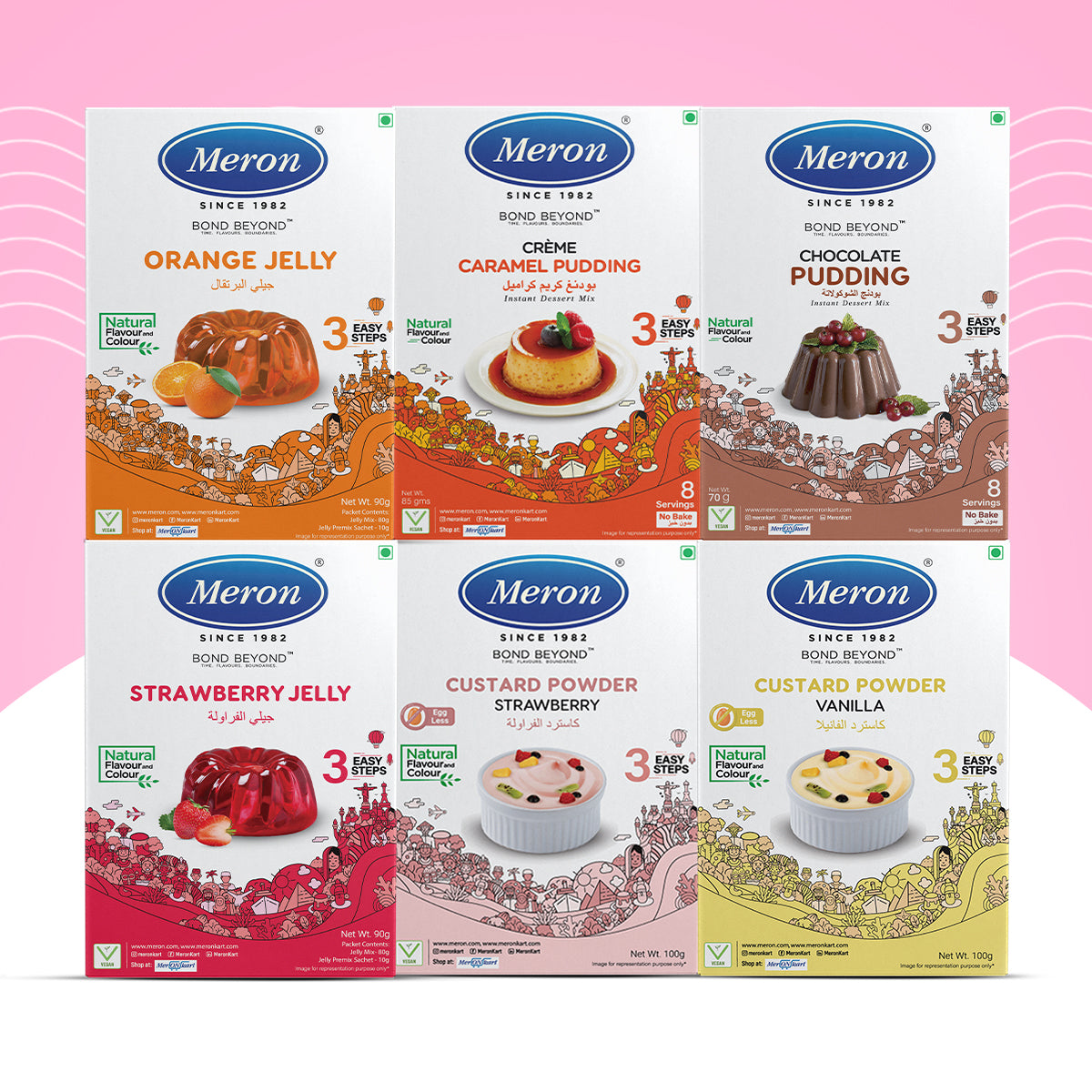 Pack of 6| Vanilla Custard | Strawberry Jelly |Orange Jelly| Strawberry Custard | Chocolate Pudding | Caramel Pudding | Vegan